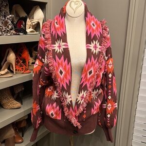 THML Fringed Aztec Open-Front Cardigan Sweater - Pink & Brown